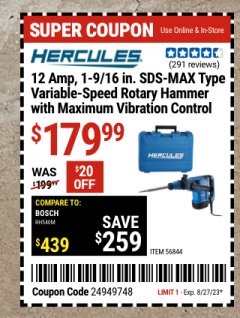 Harbor Freight Coupon 12 AMP 1-9/16 IN. SDS MAX-TYPE VARIABLE SPEED ROTARY HAMMER Lot No. 56844 Expired: 8/27/23 - $179.99