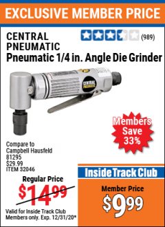 Harbor Freight ITC Coupon AIR ANGLE DIE GRINDER Lot No. 32046/69945/62439 Expired: 12/31/20 - $9.99