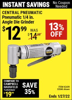 Harbor Freight Coupon AIR ANGLE DIE GRINDER Lot No. 32046/69945/62439 Expired: 1/27/22 - $12.99