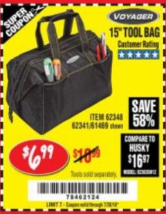 Harbor Freight Coupon 15" TOOL BAG Lot No. 61469/94993/62348/62341 Expired: 7/28/18 - $6.99