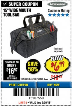 Harbor Freight Coupon 15" TOOL BAG Lot No. 61469/94993/62348/62341 Expired: 9/30/18 - $6.99