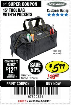 Harbor Freight Coupon 15" TOOL BAG Lot No. 61469/94993/62348/62341 Expired: 5/31/19 - $5.99