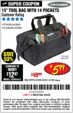 Harbor Freight Coupon 15" TOOL BAG Lot No. 61469/94993/62348/62341 Expired: 6/30/20 - $5.99