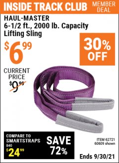 Harbor Freight ITC Coupon HAUL-MASTER 6-1/2 FT., 2000 LB. CAPACITY LIFTING SLING Lot No.  60609, 44847, 62721 Expired: 9/30/21 - $6.99