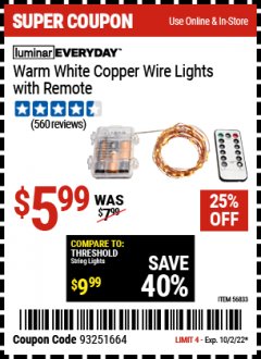 Harbor Freight Coupon WARM WHITE COPPER WIRE LIGHTS WITH REMOTE Lot No. 56833 EXPIRES: 10/2/22 - $5.99