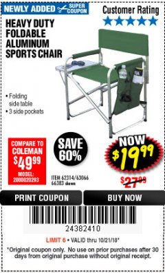 Harbor Freight ITC Coupon FOLDABLE ALUMINUM SPORTS CHAIR Lot No. 66383/62314/63066 Expired: 10/21/18 - $19.99