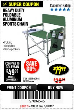 Harbor Freight Coupon FOLDABLE ALUMINUM SPORTS CHAIR Lot No. 66383/62314/63066 Expired: 3/31/19 - $19.99