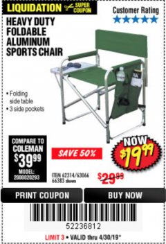 Harbor Freight Coupon FOLDABLE ALUMINUM SPORTS CHAIR Lot No. 66383/62314/63066 Expired: 4/30/19 - $19.99