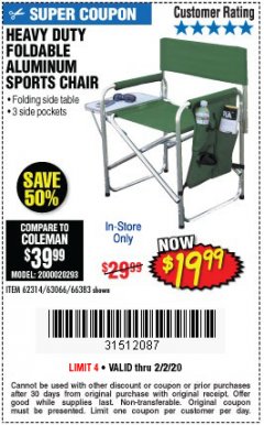 Harbor Freight Coupon FOLDABLE ALUMINUM SPORTS CHAIR Lot No. 66383/62314/63066 Expired: 2/2/20 - $19.99