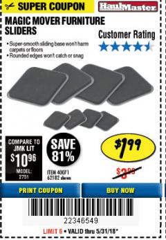 Harbor Freight Coupon MAGIC MOVER FURNITURE SLIDERS Lot No. 40071/62182 Expired: 5/31/18 - $1.99