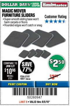 Harbor Freight Coupon MAGIC MOVER FURNITURE SLIDERS Lot No. 40071/62182 Expired: 8/5/18 - $2.5
