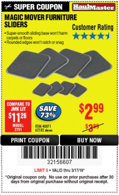 Harbor Freight Coupon MAGIC MOVER FURNITURE SLIDERS Lot No. 40071/62182 Expired: 3/17/19 - $2.99