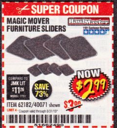Harbor Freight Coupon MAGIC MOVER FURNITURE SLIDERS Lot No. 40071/62182 Expired: 8/31/19 - $2.99