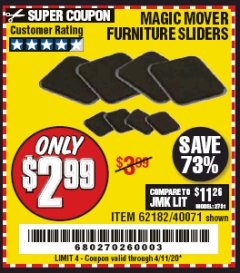 Harbor Freight Coupon MAGIC MOVER FURNITURE SLIDERS Lot No. 40071/62182 Expired: 6/30/20 - $2.99
