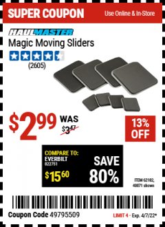 Harbor Freight Coupon MAGIC MOVER FURNITURE SLIDERS Lot No. 40071/62182 Expired: 4/7/22 - $2.99