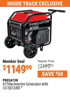 Harbor Freight Coupon PREDATOR 8750 WATT INVERTER GENERATOR WITH CO SECURE Lot No. 57480 Expired: 7/1/21 - $1149.99