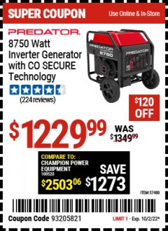 Harbor Freight Coupon PREDATOR 8750 WATT INVERTER GENERATOR WITH CO SECURE Lot No. 57480 Expired: 10/2/22 - $1229.99