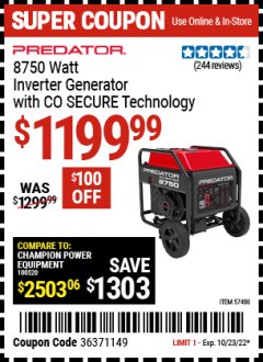 Harbor Freight Coupon PREDATOR 8750 WATT INVERTER GENERATOR WITH CO SECURE Lot No. 57480 Expired: 10/23/22 - $1199.99