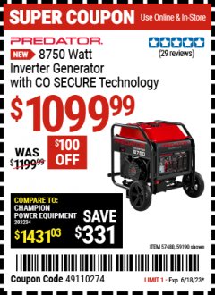 Harbor Freight Coupon PREDATOR 8750 WATT INVERTER GENERATOR WITH CO SECURE Lot No. 57480 Expired: 6/18/23 - $1099.99