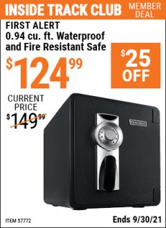 Harbor Freight ITC Coupon FIRST ALERT 0.94 CU. FT. WATERPROOF AND FIRE RESISTANT SAFE Lot No. 57772 Expired: 9/30/21 - $124.99
