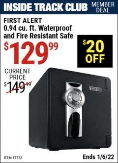Harbor Freight ITC Coupon FIRST ALERT 0.94 CU. FT. WATERPROOF AND FIRE RESISTANT SAFE Lot No. 57772 Expired: 1/6/22 - $129.99