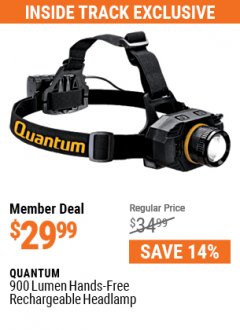 Harbor Freight Coupon QUANTUM 900 LUMEN HANDS-FREE RECHARGEABLE HEADLAMP Lot No. 57453 Expired: 7/1/21 - $29.99