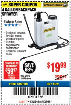 Harbor Freight Coupon 4 GALLON BACKPACK SPRAYER Lot No. 93302/61368/63036/63092 Expired: 5/27/18 - $19.99