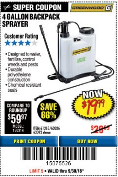 Harbor Freight Coupon 4 GALLON BACKPACK SPRAYER Lot No. 93302/61368/63036/63092 Expired: 9/30/18 - $19.99