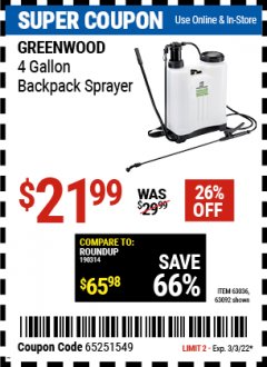 Harbor Freight Coupon 4 GALLON BACKPACK SPRAYER Lot No. 93302/61368/63036/63092 Expired: 3/3/22 - $21.99
