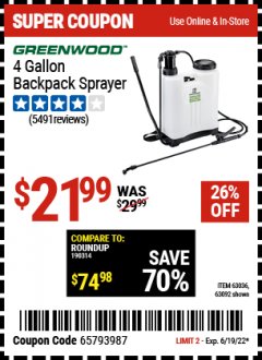 Harbor Freight Coupon 4 GALLON BACKPACK SPRAYER Lot No. 93302/61368/63036/63092 Expired: 6/19/22 - $21.99