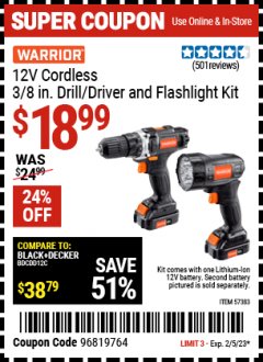 Harbor Freight Coupon 12 VOLT LITHIUM-ION, 3/8 IN. CORDLESS DRILL/DRIVER AND FLASHLIGHT KIT Lot No. 57383 EXPIRES: 2/5/23 - $18.99
