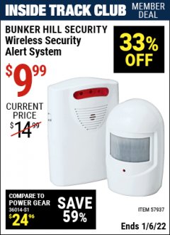 Harbor Freight ITC Coupon BUNKER HILL SECURITY WIRELESS SECURITY ALERT SYSTEM Lot No. 57937 Expired: 1/6/22 - $9.99