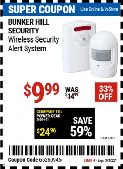 Harbor Freight Coupon BUNKER HILL SECURITY WIRELESS SECURITY ALERT SYSTEM Lot No. 57937 Expired: 3/3/22 - $9.99