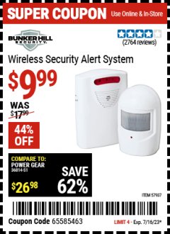 Harbor Freight Coupon BUNKER HILL SECURITY WIRELESS SECURITY ALERT SYSTEM Lot No. 57937 Expired: 7/16/23 - $9.99