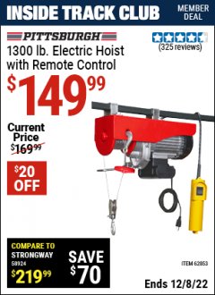 Harbor Freight ITC Coupon 1300 LB. ELECTRIC HOIST WITH REMOTE CONTROL Lot No. 62853 Expired: 12/8/22 - $149.99