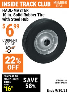 Harbor Freight ITC Coupon HAUL-MASTER 10 IN. SOLID RUBBER TIRE WITH STEEL HUB Lot No. 35459 Expired: 9/30/21 - $6.99