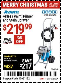 Harbor Freight Coupon AVANTI AIRLESS PAINT, PRIMER AND STAIN SPRAYER Lot No. 57042 Expired: 12/26/22 - $219.99