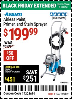 Harbor Freight Coupon AVANTI AIRLESS PAINT, PRIMER AND STAIN SPRAYER Lot No. 57042 Expired: 12/3/23 - $199.99