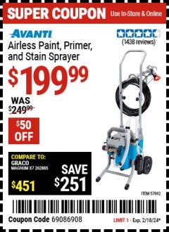 Harbor Freight Coupon AVANTI AIRLESS PAINT, PRIMER AND STAIN SPRAYER Lot No. 57042 Expired: 2/18/24 - $199.99