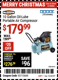Harbor Freight Coupon MCGRAW 10 GALLON OIL-LUBE PORTABLE AIR COMPRESSOR Lot No. 58144 Expired: 12/24/23 - $179.99