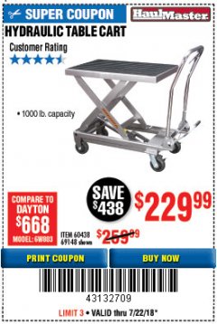 Harbor Freight Coupon 1000 LB. CAPACITY HYDRAULIC TABLE CART Lot No. 69148/60438 Expired: 7/22/18 - $229.99