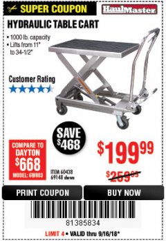 Harbor Freight Coupon 1000 LB. CAPACITY HYDRAULIC TABLE CART Lot No. 69148/60438 Expired: 9/16/18 - $199.99