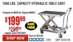 Harbor Freight Coupon 1000 LB. CAPACITY HYDRAULIC TABLE CART Lot No. 69148/60438 Expired: 12/31/18 - $199.99