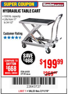 Harbor Freight Coupon 1000 LB. CAPACITY HYDRAULIC TABLE CART Lot No. 69148/60438 Expired: 2/11/19 - $199.99