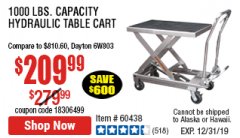 Harbor Freight Coupon 1000 LB. CAPACITY HYDRAULIC TABLE CART Lot No. 69148/60438 Expired: 12/31/19 - $209.99