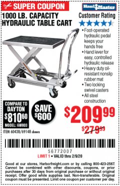 Harbor Freight Coupon 1000 LB. CAPACITY HYDRAULIC TABLE CART Lot No. 69148/60438 Expired: 2/9/20 - $209.99