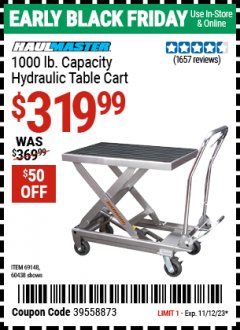 Harbor Freight Coupon 1000 LB. CAPACITY HYDRAULIC TABLE CART Lot No. 69148/60438 Expired: 11/12/23 - $319.99