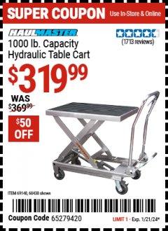 Harbor Freight Coupon 1000 LB. CAPACITY HYDRAULIC TABLE CART Lot No. 69148/60438 Expired: 1/21/24 - $319.99