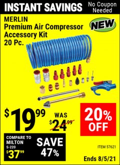 Harbor Freight Coupon MERLIN PREMIUM AIR COMPRESSOR ACCESSORY KIT – 20 PC. Lot No. 57621 Expired: 8/5/21 - $19.99