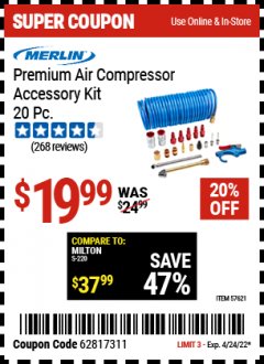 Harbor Freight Coupon MERLIN PREMIUM AIR COMPRESSOR ACCESSORY KIT – 20 PC. Lot No. 57621 Expired: 4/24/22 - $19.99